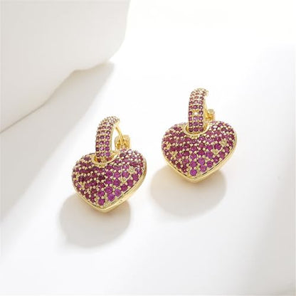 Crystal Heart Hoop Earrings for Women Dainty Fashion Heart Huggie Earrings Colourful Sparkly Crystal 14k Gold Love Heart Dangle Drop Earrings Valentine’s Day Statement Jewelry Gifts - color: Red
