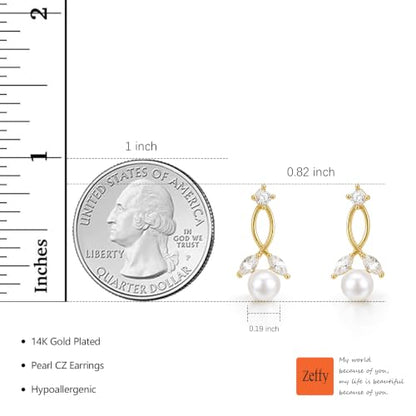 Pearl Earrings for Women 14k Gold/Silver Pearl Drop Earrings Long White Pearl Tassel Dangle Statement Earrings Bridal Wedding Dainty Prom Earrings Birthday Gifts Jewelry - color: Gold CZ Pearl Earrings