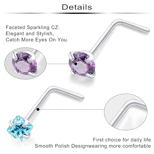 Hypoallergenic Nose Rings Studs 18G & 20G Surgical Steel Nose Studs L Shaped Nostril Piercing Jewelry with Cubic Zirconia for Women & Men - color: 20g,L-shape,crystal