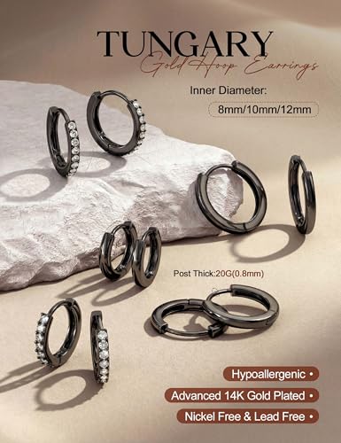 Tungary Small Gold Hoop Earrings for Women Huggie CZ Hoops Earring Stacks | Hypoallergenic Earing Hoops for Sensitive Ears, Earrings Stack Set for Cartilage, Secure Clasp, Silver/Black/14K Gold Plated - color: Black-Plain & CZ Huggies