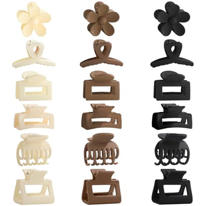 18Pcs Medium Hair Clips for Women Girls - Matte Love, Triangle, Ribbon and Semicircle Styles for Thin/Thick Hair, Cute Nonslip Accessories (White, Brown, Black) - color: White, Brown, Black