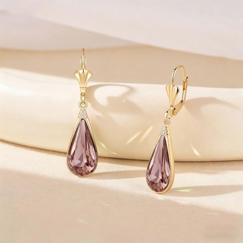 Teardrop Austrian Crystal Leverback Dangle Drop Earrings for Women | 14K Gold Plated,Classic Teardrop Elegance,Leverback for Easy Secure Wear,Gift Box Included, Brighten Up Daily and Party Looks - color: Antique Pink