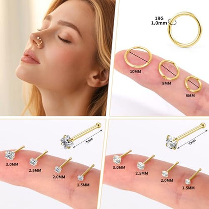 20g Nose Rings Studs and 18g Nose Rings Hoops for Women Men: Hypoallergenic Surgical Stainless Steel Threadless Corkscrew/L Shape/Straight Nose Studs Round Square Simulated Diamond CZ 1.5/2/2.5/3mm Nose Bone Studs Hinged Clicker Segment Nose Hoops Septum
