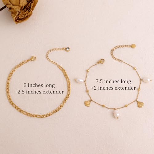 Dainty Gold Shell Pearl Ankle Bracelets for Women, Trendy Anklet Stack Charm Bracelet Adjustable Chain Summer Ocean Beach Accessories Fashion Jewelry Gift - color: Figaro Chain