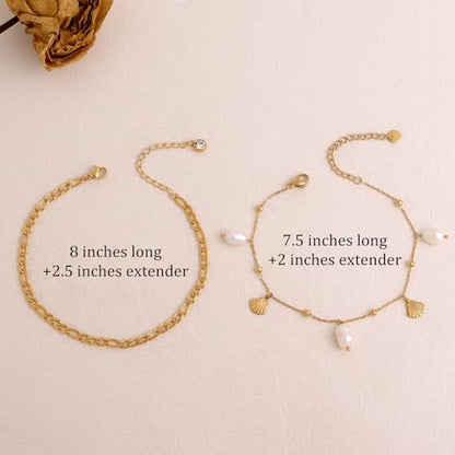 Dainty Gold Shell Pearl Ankle Bracelets for Women, Trendy Anklet Stack Charm Bracelet Adjustable Chain Summer Ocean Beach Accessories Fashion Jewelry Gift - color: Figaro Chain