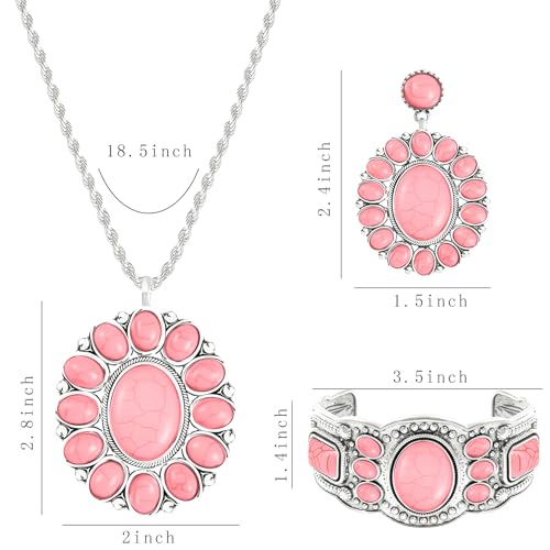 NEWITIN 4 Pieces Silver Bohemian Jewelry Set for Women Fashion Costume Jewels Turquoise Necklace Bracelet Earrings Western Turquoise Jewelry Set for Women - color: Pink Turquoise