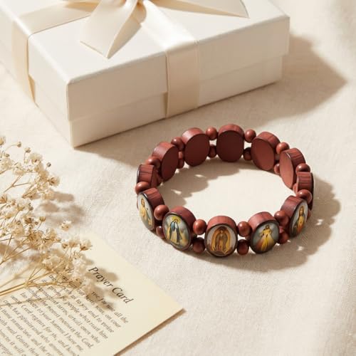 DATOA 4Pcs Wooden Jesus Virgin Mary Bracelet Saints Rosary Stretch Wooden Small Panel Bracelet Religious Saints Jesus Gift - style: Style B
