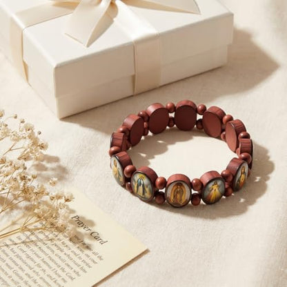 DATOA 4Pcs Wooden Jesus Virgin Mary Bracelet Saints Rosary Stretch Wooden Small Panel Bracelet Religious Saints Jesus Gift - style: Style B