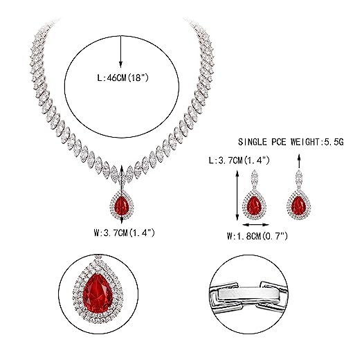 EVER FAITH CZ Marquise Leaf Teardrop Wedding Prom Jewelry Set for Women | Birthstone Pendant Necklace Dangle Earrings - color: Red