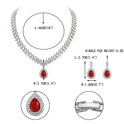 EVER FAITH CZ Marquise Leaf Teardrop Wedding Prom Jewelry Set for Women | Birthstone Pendant Necklace Dangle Earrings - color: Red