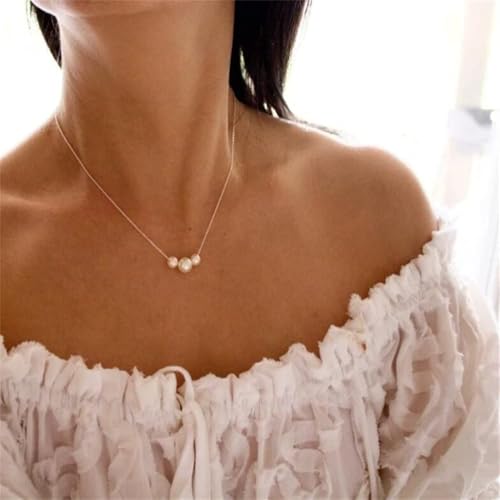 Pearl Necklace for Women, Dainty Pearls Choker Necklace for Women 14K Gold Plated Layered Pendant Necklace Handmade Gold Chain Necklace Everyday Jewelry Gift - color: Three Pearls