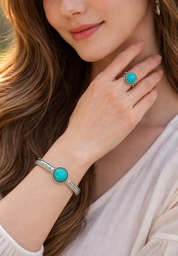 Isac Turquoise Cuff Bracelet and Ring Set, Silver-Tone, Boho Western Style, Arrow Engraved, Round Stone