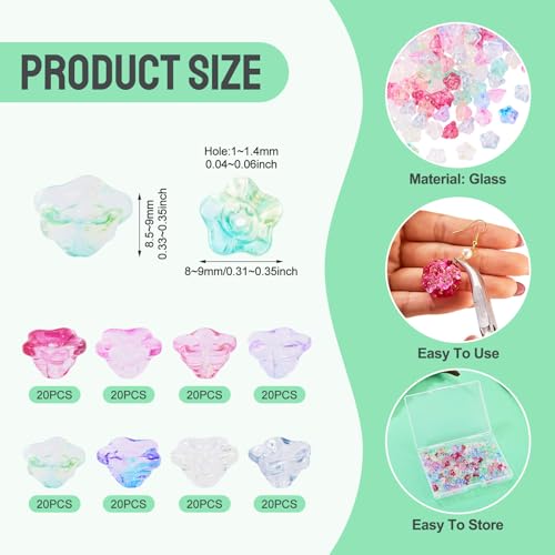 160Pcs Crystal Glass Flower Beads Bulk Bead Caps for Jewelry Making Cute Floral Trumpet Glass Beads for Jewelry Making Bracelet Earring Charms Handmade Earring Crafts Supplies - color: Glass-Trumpet