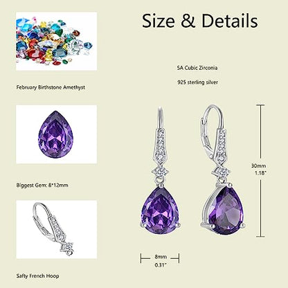 Women 925 Sterling Silver Birthstone Teardrop Leverback Drop Dangle Earrings 8 * 12mm 5A Cubic Zirconia Jewelry for Her - color: Februar,Amethyst Color