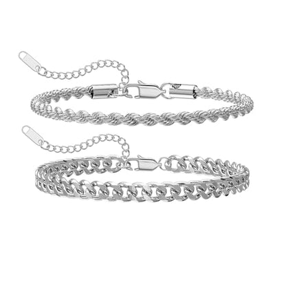 Silver Bracelet Set for Men, Figaro and Cable Link Chain | Stainless steel Figaro and cable link bracelets for stacking, daily wear, and gifts - color: Style2-8 inch