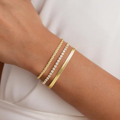 Turandoss Gold Bracelets for Women - Dainty 14K Gold Plated Tennis Bracelet | Stackable Cross Beaded Set, Twisted Rope Chain, Snake Paperclip Chain, Knot Cuff Bracelets for Women, Jewelry Gifts - color: Snake Tennis Set