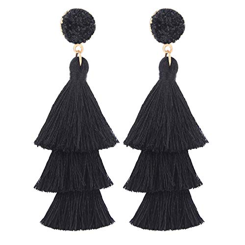 Bohemian Tiered Tassel Earrings with Druzy Stud for Women | Long Layered Fringe Drop Earrings, Statement Jewelry for Party Beach Festival - color: Black