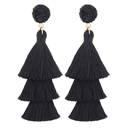 Bohemian Tiered Tassel Earrings with Druzy Stud for Women | Long Layered Fringe Drop Earrings, Statement Jewelry for Party Beach Festival - color: Black