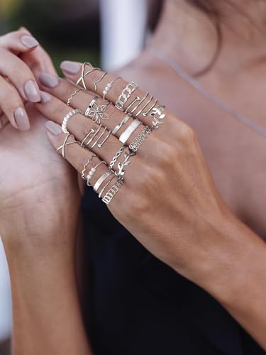 HUASAI Gold Stackable Rings Set for Women Boho Dainty Moon Star Pearl Leaf Cubic Zirconia Heart Midi Pinky Trendy Jewelry Birthday Gifts - color: M Silver Pearl 21 Pcs