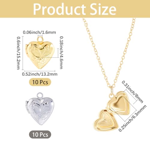 SUNNYCLUE 20Pcs 2 Colors Picture Frame Charms Gold Locket Charm Bulk Brass Metal Openable Love Heart Shaped Memorial Pendants for Jewelry Making Necklace Earrings Keychain Bag Wedding Bouquet Crafts