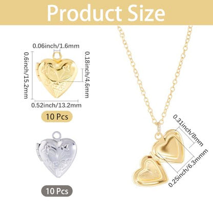 SUNNYCLUE 20Pcs 2 Colors Picture Frame Charms Gold Locket Charm Bulk Brass Metal Openable Love Heart Shaped Memorial Pendants for Jewelry Making Necklace Earrings Keychain Bag Wedding Bouquet Crafts
