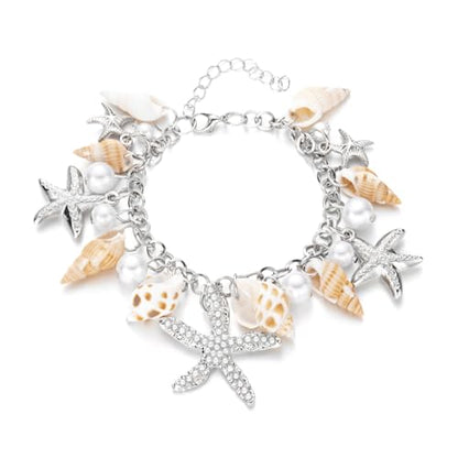 Shell Starfish Bracelet Seahorse Conch Starfish Sea Shell Pearls Charm Stone Bracelet Statement Bohemian Sea Themed Beach Jewelry for Women - color: Silver
