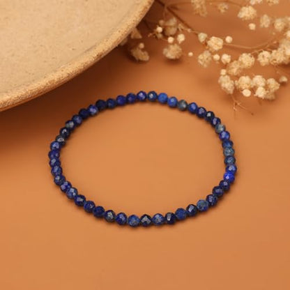 Natural Faceted Crystal Bracelet for Women,4mm Gemstone Round Beads Bracelets Adjustable Stretchy Healing Crystal Beads Bracelets Dainty Jewelry Gift - color: Lapis Lazuli