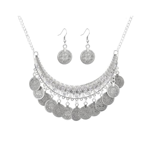 Chunky Coin Necklace Earrings Set,Bohemia Plated Gold Coin Tassel Personalized Choker Earrings,Ethnic Gypsy Statement Jewelry Set for Women - color: Silver