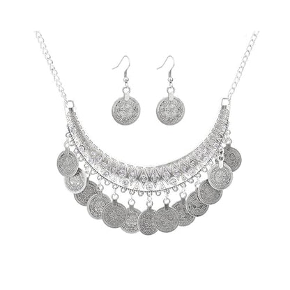 Chunky Coin Necklace Earrings Set,Bohemia Plated Gold Coin Tassel Personalized Choker Earrings,Ethnic Gypsy Statement Jewelry Set for Women - color: Silver
