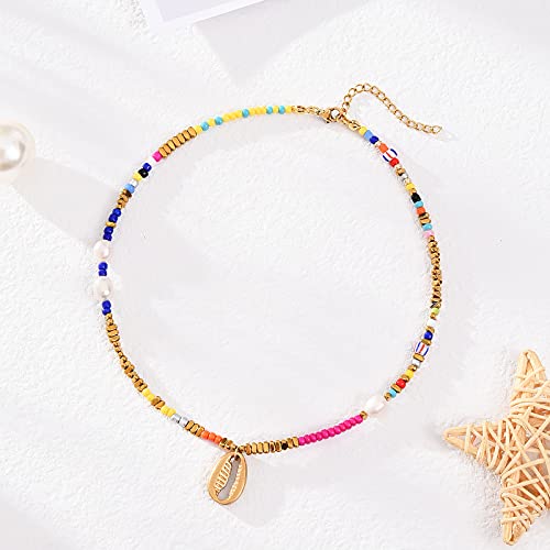 Wellike Freshwater Pearl Beaded Necklace for Women Handmade Boho Colorful Glass Beads Choker Necklace Stainless Steel 18K Gold Plated Bohemian Women Summer Jewelry Gifts - color: D