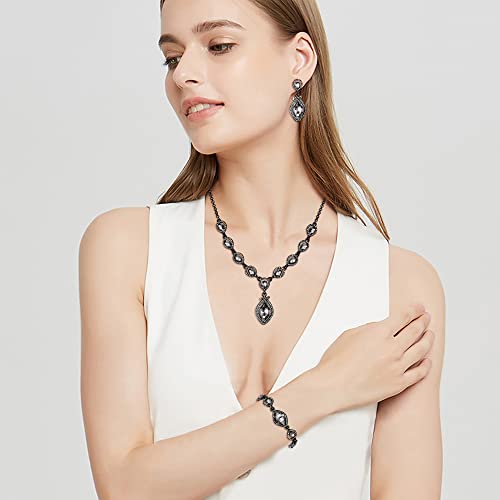 EVER FAITH Bridal Wedding Crystal Marquise Teardrop Pendant Necklace Earrings Bracelet Set for Prom - color: Grey Black-Tone