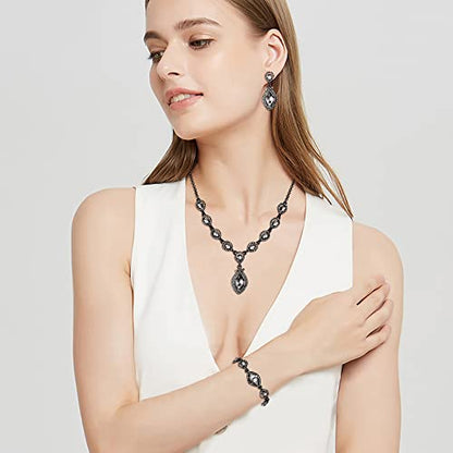 EVER FAITH Bridal Wedding Crystal Marquise Teardrop Pendant Necklace Earrings Bracelet Set for Prom - color: Grey Black-Tone