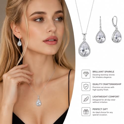 VONSSY Classic Oval Pendant Gemstone Necklace | Crystal Ruby Sapphire Waterdrop Birthstone Teardrop Emerald Necklace | 18K Platinum Gold Plated Chain | Jewelry Gift for Mother Wife Girlfriend - color: NL & ER - White