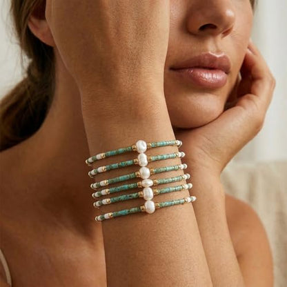 Colorful Stackable Rice Small Mini Seed Beaded Bracelets Set For Women, Handmade Dainty Boho Gold Glass Stretch Accessories Jewelry,Summer Beach Party Daily Friendship Gift - color: Green Pearl