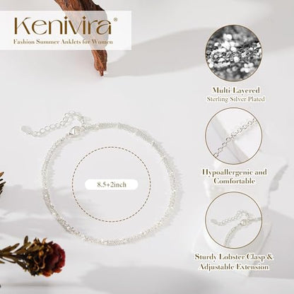 Kenivira Gold/Silver Ankle Bracelets for Women Dainty,18K Gold Plated/Sterling Silver Chain Anklets for Women Waterproof,Layered Anklets Set Non Tarnish Beachy Jewelry Gift - color: silver square