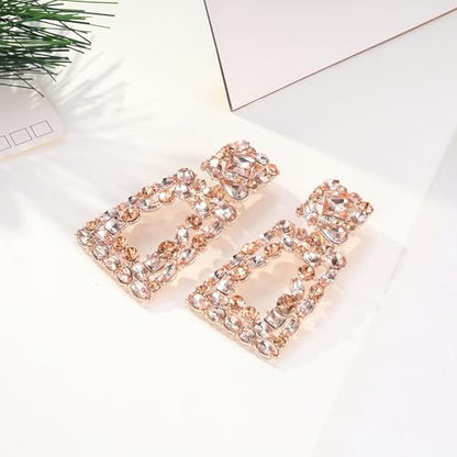 Flyonce Rectangle Clip-on Drop Earrings for Women, Sparkly Rhinestone Crystal Geometric Statement Non Pierced Earring Wedding Prom Party Jewelry for Brides Bridesmaid - color: Champagne Color