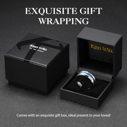 King Will Classic Tungsten Carbide Ring Brushed Two Grooved Center Hammered Design Mens Wedding Band for Men | Black/Silver/Gold, 8mm, Men's Wedding Band, Grooved, Comfort Fit, Everyday Wear - color: B-Silver&Blue 8mm