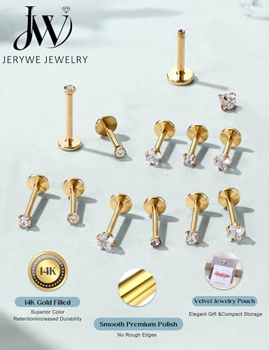 JeryWe 18G 16G Flat Back Earrings Studs for Women - Hypoallergenic Surgical Steel Internal Thread CZ Stud Earrings Stacks 14K Gold Plated Tragus Labret Helix Cartilage Conch Nose Stud Piercing Jewelry - color: 14K Gold Plated, size: 18G(1.0mm)