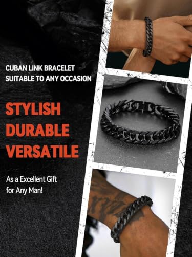 FaithHeart Mens Stainless Steel Cuban Link Bracelet, Tarnish Resistant | 6/8/12/17mm Silver/Black/Gold Sturdy Hip Hop Wrist Chain Bracelets Daily Wear with Gift Box, 7.5"/8.3"/9.1" Length - color: Black-12mm Width, size: Length 7.5 Inches