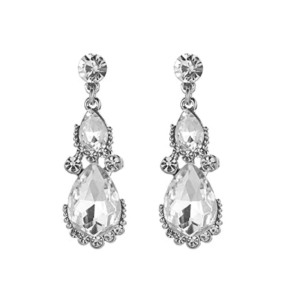 Women's Wedding Bridal Austrian Crystal Glass Teardrop Statement Necklace Dangle Earrings Bracelet Ring Wedding Party Jewelry Set for Bridal Bridesmaid - color: White-Platinum Plated