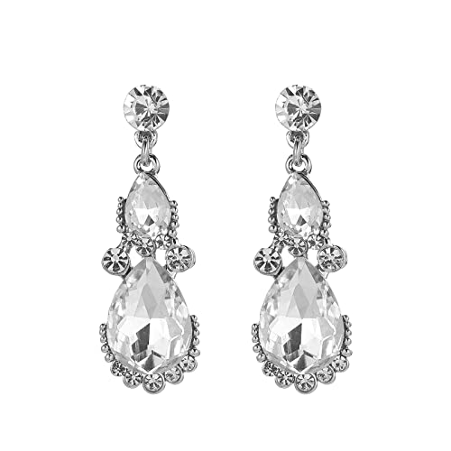Women's Wedding Bridal Austrian Crystal Glass Teardrop Statement Necklace Dangle Earrings Bracelet Ring Wedding Party Jewelry Set for Bridal Bridesmaid - color: White-Platinum Plated