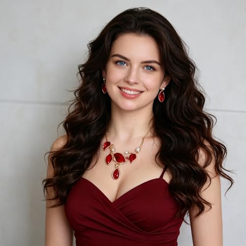 Vintage Statement Jewelry Set - Chunky Flower Floral Plant Geometric Resin Bib Necklace Earring Set Bohemian Boho Crystal Rhinestone Fashion Jewelry for Women Bridal Party Prom Unique Gift - style: MLJS2609-Red