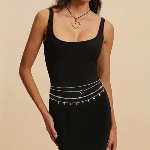14K Gold Plated Waist Chain for Women Layered Waist Beads Belly Chain Belt, Waterproof Summer Beach Body Jewelry for Bikini, Festival Vacation Accessories for Women - style: Rhinestone Heart
