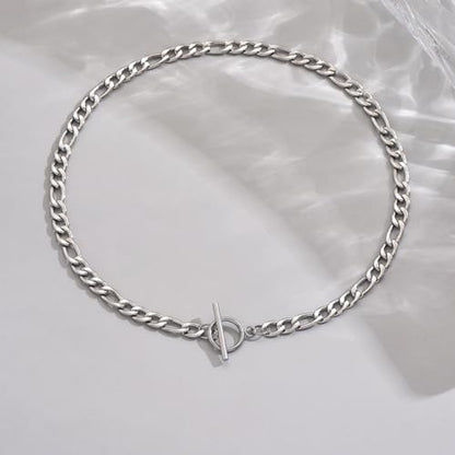 Chunky Gold Necklace for Women, 18K Gold Plated Paperclip, Figaro Link Chain Necklace, Toggle Clasp Necklaces, Trendy Non Tarnish Jewelry, Christmas Gifts - style: Figaro Toggle 17.7''-White Gold
