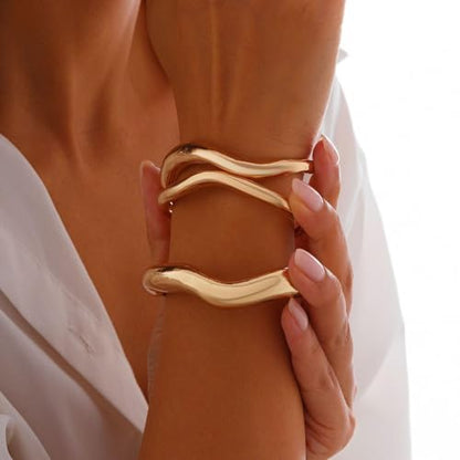 Frodete Chunky Gold Bangles for Women Non Tarnish Chunky Wide Cuff Bracelets Silver Cuff Bangle Bracelet Trendy Statement Minimalist Jewelry Gifts - color: A39:gold bangles