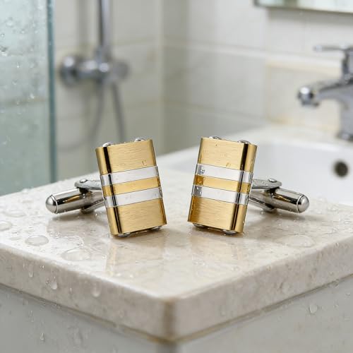 HZMAN Two-Tone Stripe Cufflinks for Men, Stainless Steel High Polished Dress Shirt Cuff Links, Formal Accessories for Wedding Business Party