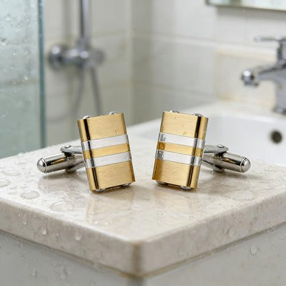 HZMAN Two-Tone Stripe Cufflinks for Men, Stainless Steel High Polished Dress Shirt Cuff Links, Formal Accessories for Wedding Business Party