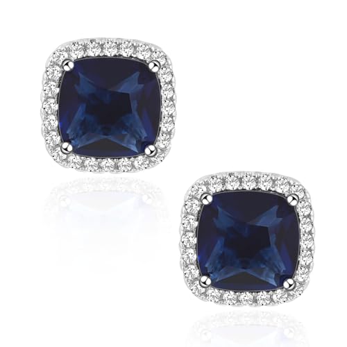 Square Cubic Zirconia Earrings Stud 7mm Birthstone Studs Earrings Hypoallergenic Princess Cut Earrings 925 Sterling Silver Post Studs Earrings for Women - color: sapphire