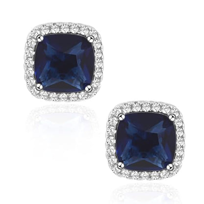 Square Cubic Zirconia Earrings Stud 7mm Birthstone Studs Earrings Hypoallergenic Princess Cut Earrings 925 Sterling Silver Post Studs Earrings for Women - color: sapphire