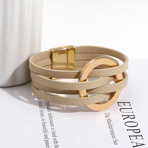 hotoo Circle Charm Bracelets for Women Handmade Leather Wrap Bracelets for Couples Friendship Bracelet Bohemian Cuff Bangle Boho Jewelry Gift - color: New Khaki